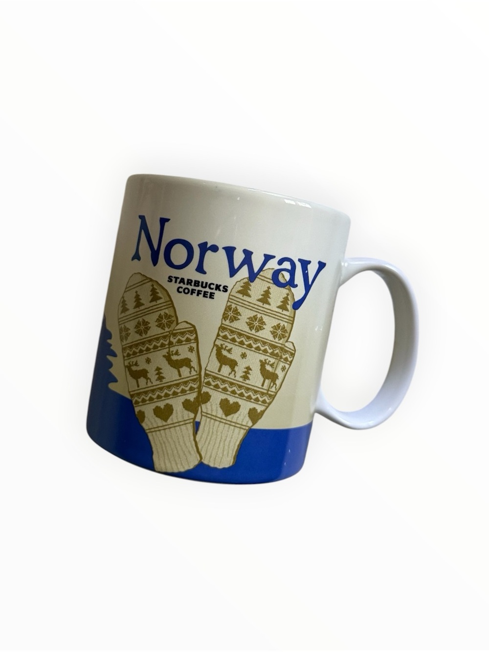 Starbucks Norway Ceramic Mug in Cream and Blue with Mitten Graphic EUC
